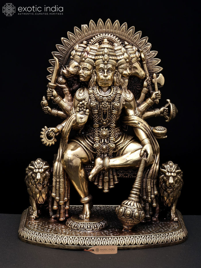 8'' Superfine Ten Armed Panchamukhi Hanuman Seated on Throne | Brass Idol