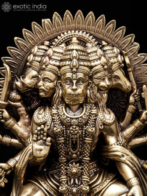 8'' Superfine Ten Armed Panchamukhi Hanuman Seated on Throne | Brass Idol