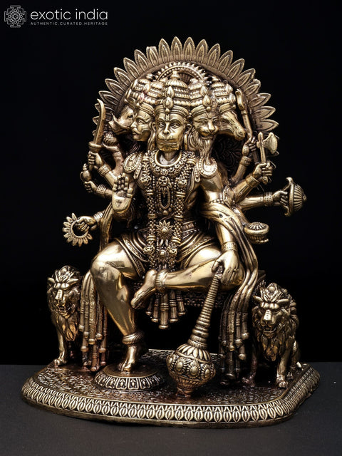 8'' Superfine Ten Armed Panchamukhi Hanuman Seated on Throne | Brass Idol