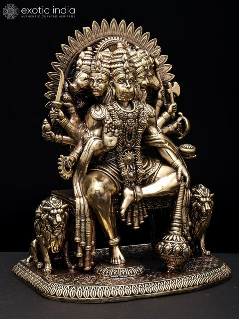 8'' Superfine Ten Armed Panchamukhi Hanuman Seated on Throne | Brass Idol