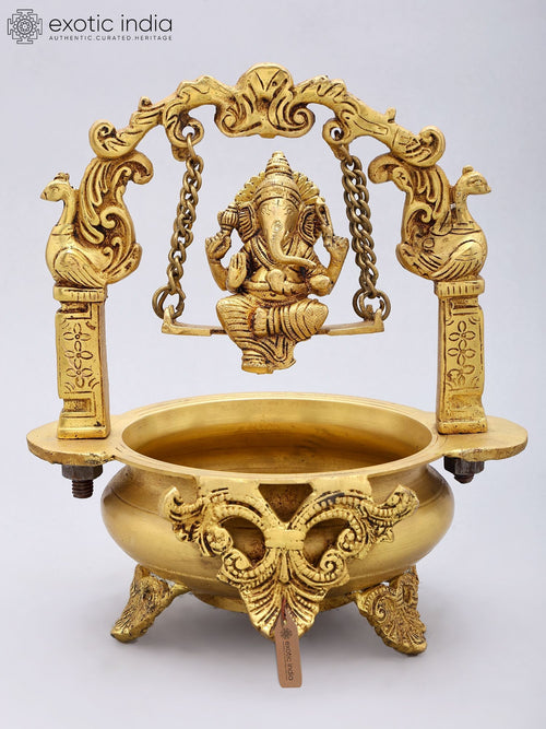 10" Swinging Ganesha Handmade Brass Urli for Home Decor
