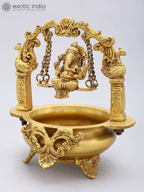 10'' Swinging Ganesha Designer Brass Urli
