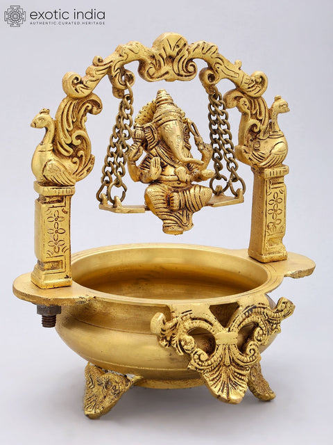 10'' Swinging Ganesha Designer Brass Urli