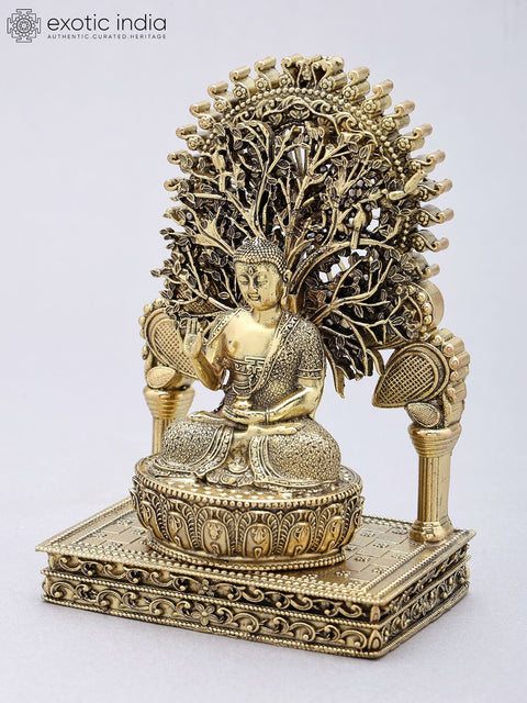 5'' Small Superfine Blessing Buddha Seated Under The Bodhi Tree Arch | Brass Statue