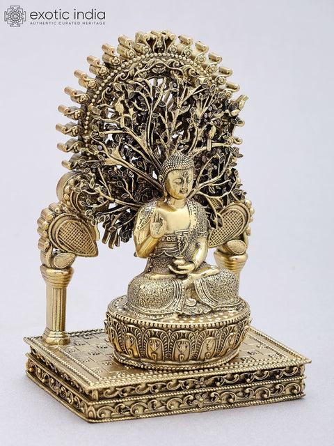 5'' Small Superfine Blessing Buddha Seated Under The Bodhi Tree Arch | Brass Statue