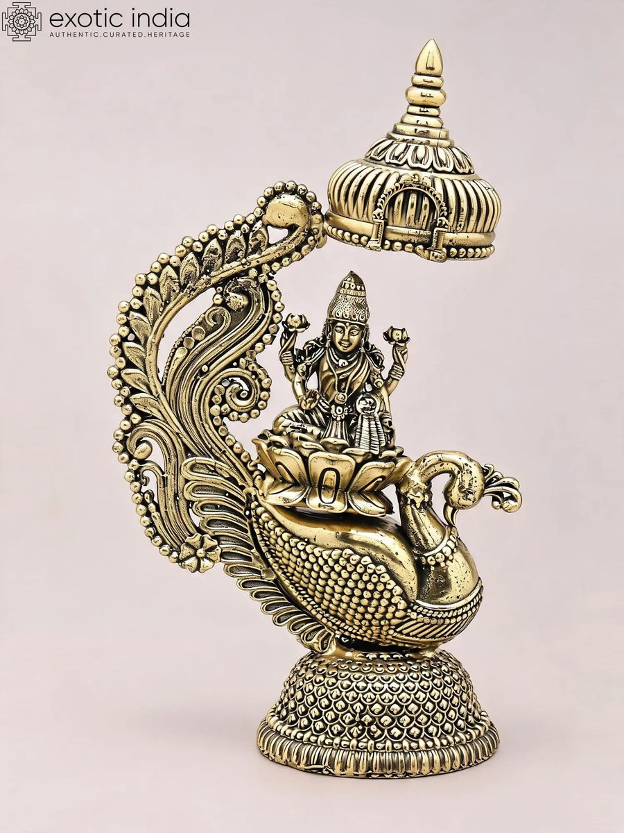 6" Handmade Goddess Lakshmi Seated on Peacock Brass Statue
