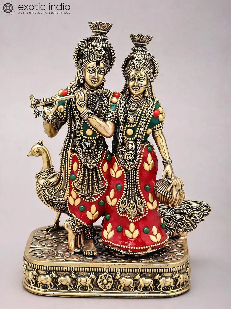 8" Standing Radha Krishna with Peacock Brass Statue Inlay Work