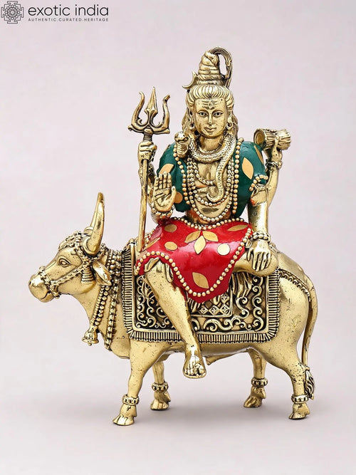 6" Handmade Brass Lord Shiva Statue Seated on Nandi with Inlay Work