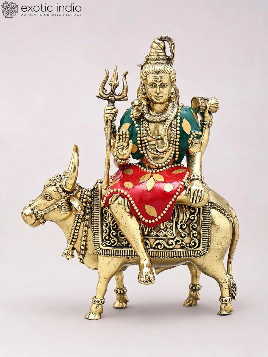 6" Handmade Brass Lord Shiva Statue Seated on Nandi with Inlay Work