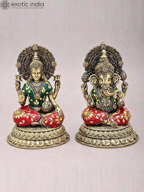 8" Handmade Brass Lakshmi Ganesha Statue with Inlay Work