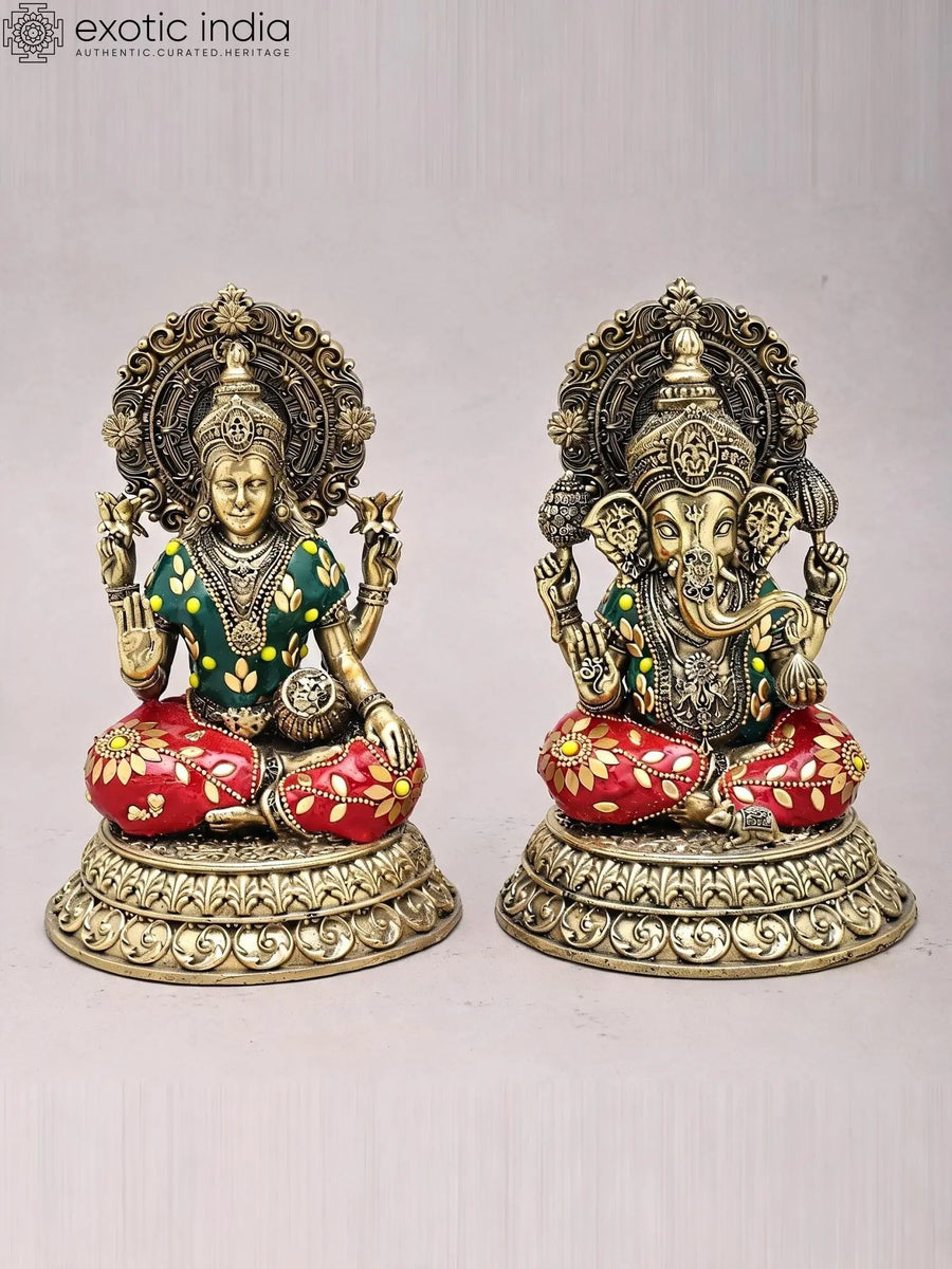 8" Handmade Brass Lakshmi Ganesha Statue with Inlay Work