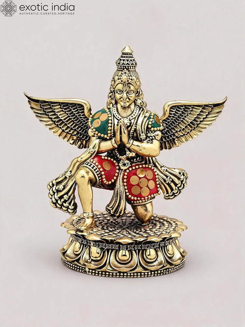 5" Superfine Garuda Brass Idol with Inlay Work - Handmade Vahana of Vishnu