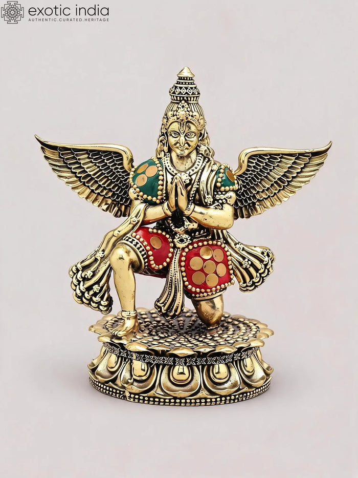 5" Superfine Garuda Brass Idol with Inlay Work - Handmade Vahana of Vishnu