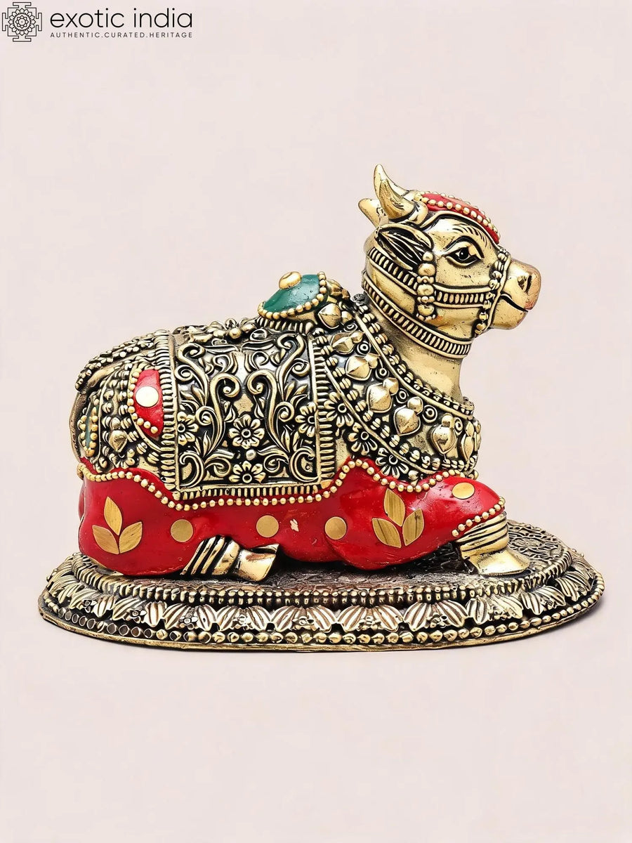 5" Handmade Nandi Brass Statue with Inlay Work