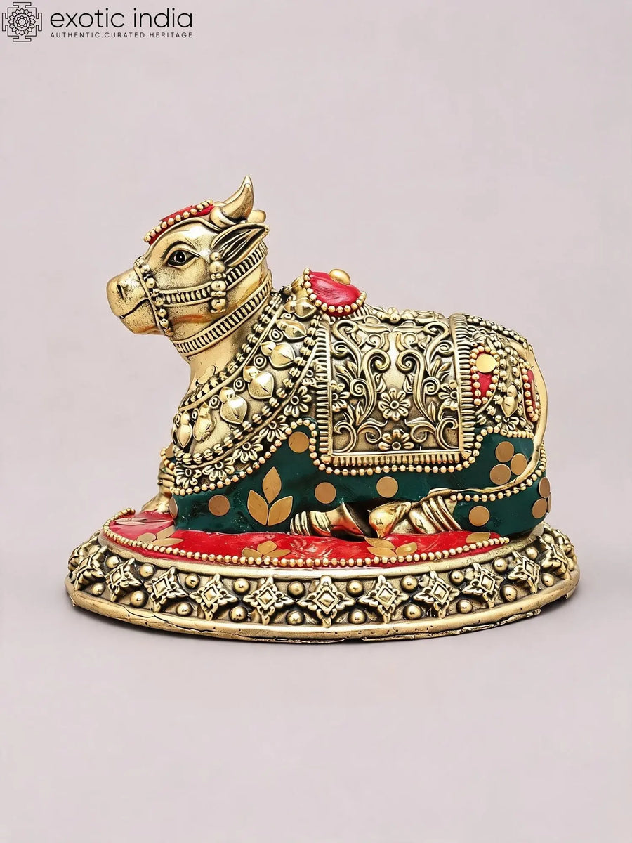 5" Handmade Nandi Brass Statue with Inlay Work