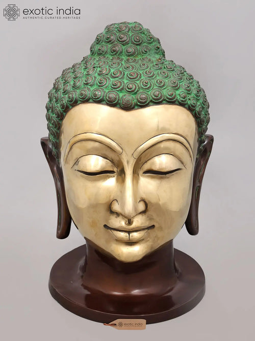 21" Meditating Buddha Head Brass Statue for Home Decor
