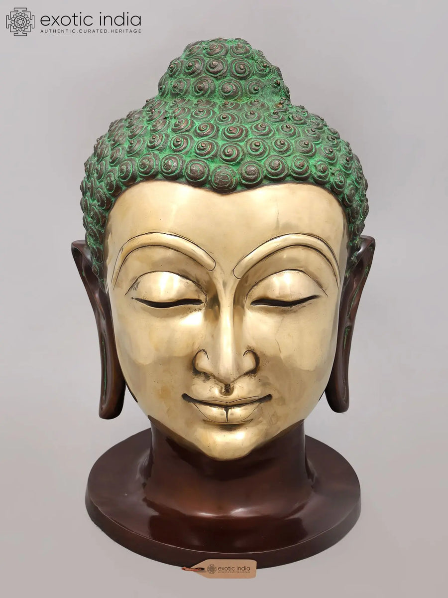 21" Meditating Buddha Head Brass Statue for Home Decor