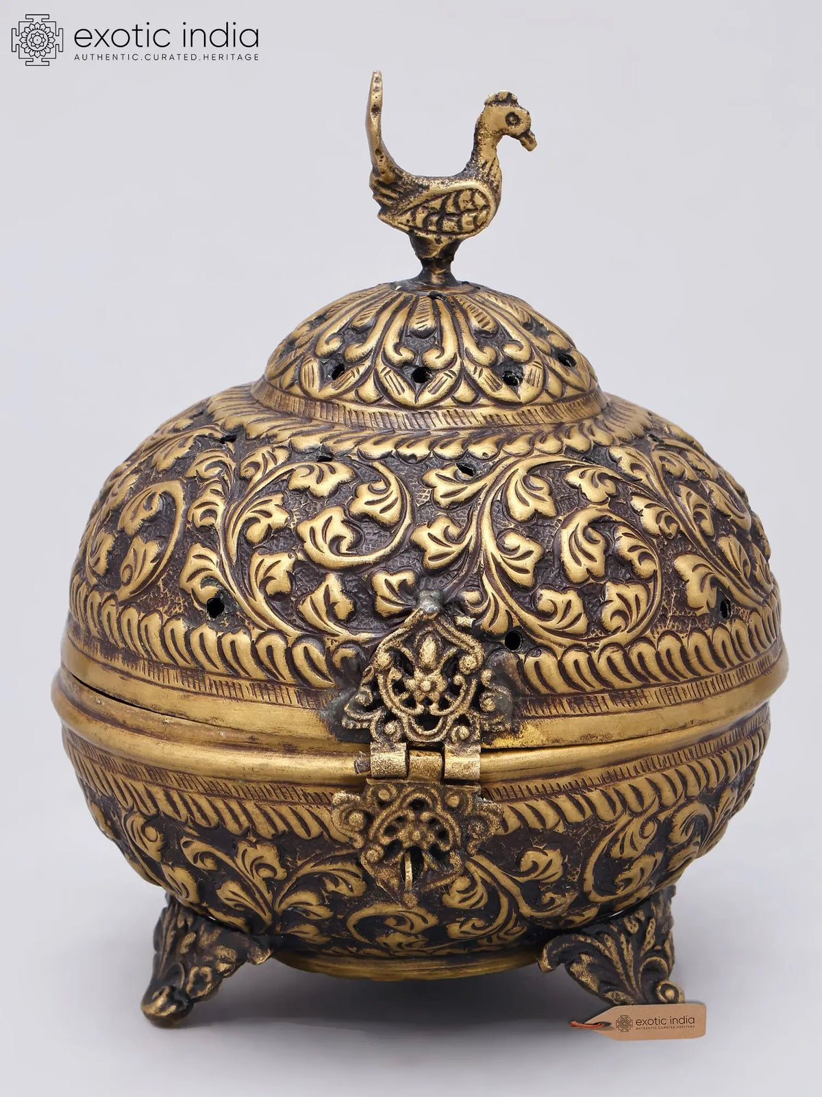 7" Handcrafted Brass Peacock Incense Burner (Dhuna Kalash)