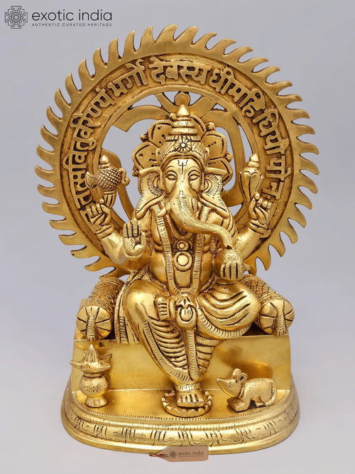 10" Blessing Lord Ganesha Seated on Throne Brass Statue with Gayatri Mantra