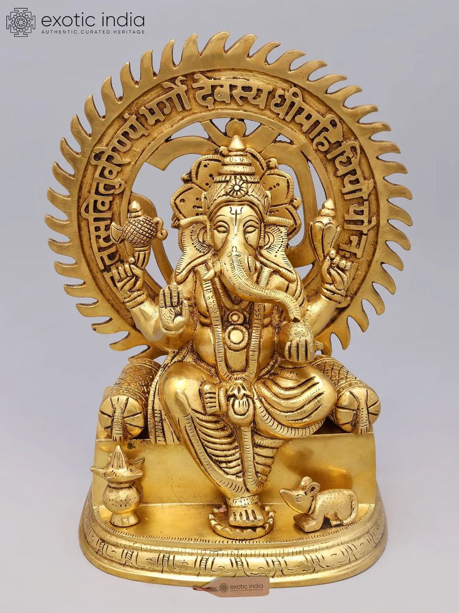 10" Blessing Lord Ganesha Seated on Throne Brass Statue with Gayatri Mantra