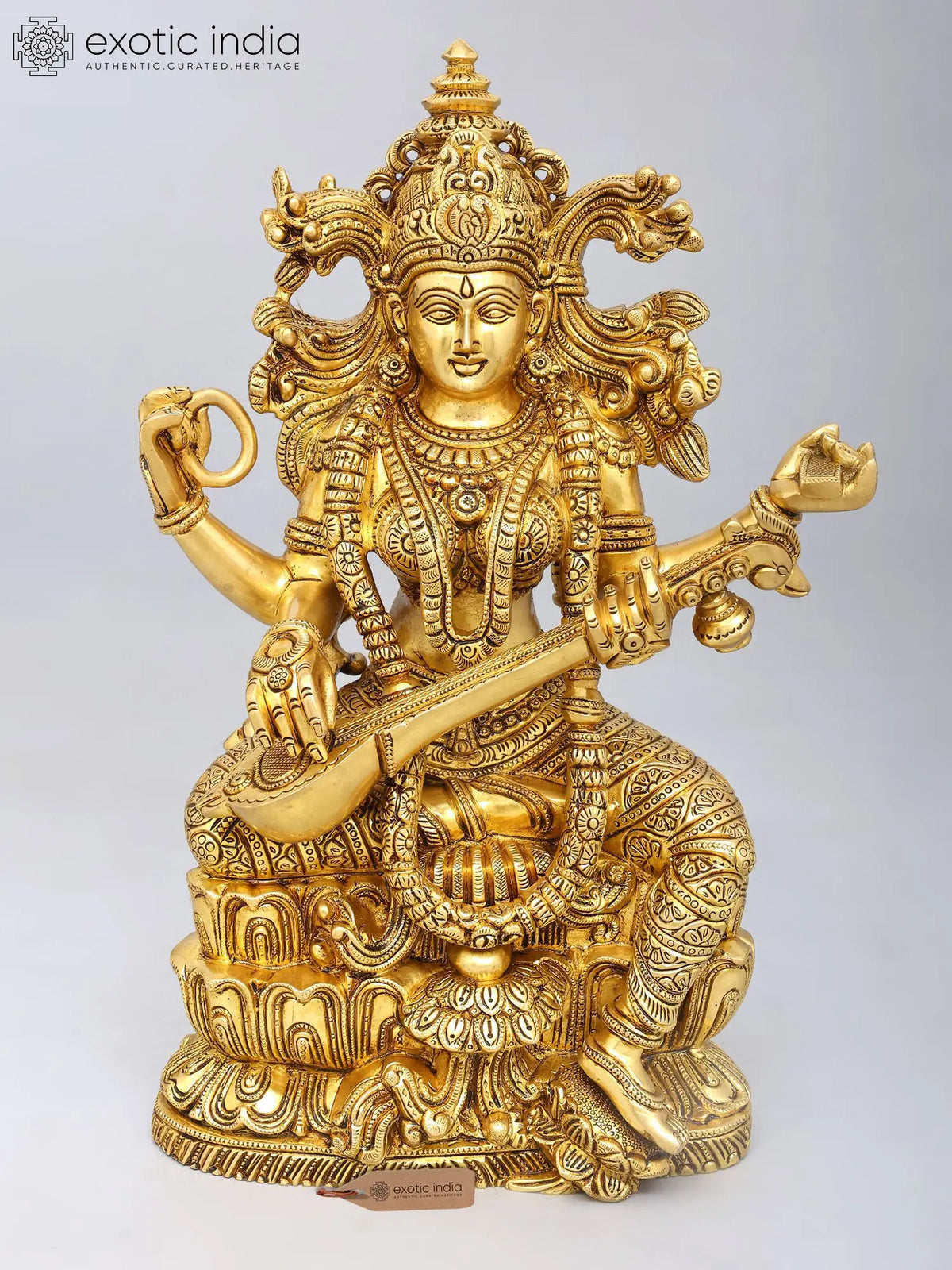 15'' Exquisite Goddess Saraswati Seated on Lotus | Brass Idol