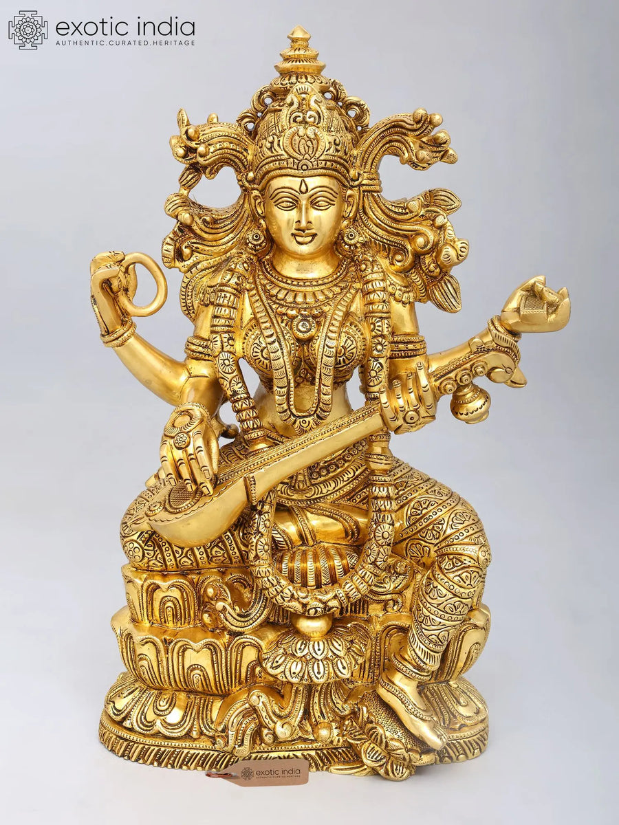15" Goddess Saraswati Seated on Lotus Brass Idol for Pooja