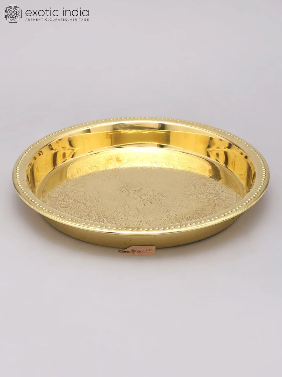 10" Sacred Flower Design Brass Puja Thali for Pooja