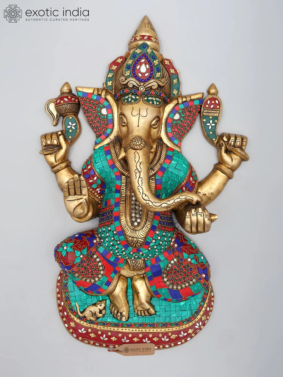 24" Four Armed Ganesha Brass Statue with Inlay Work Handmade