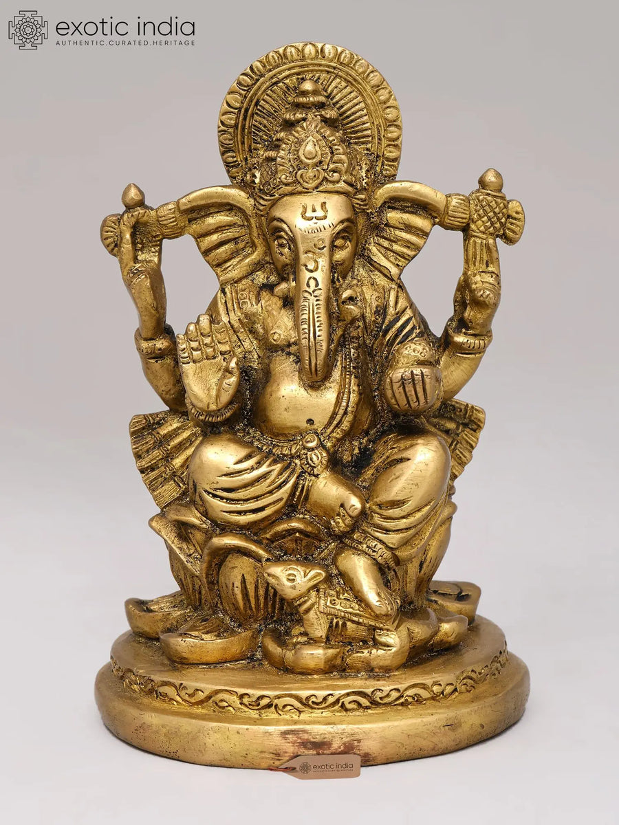 6" Four-Armed Blessing Ganesha Brass Idol on Lotus Seat