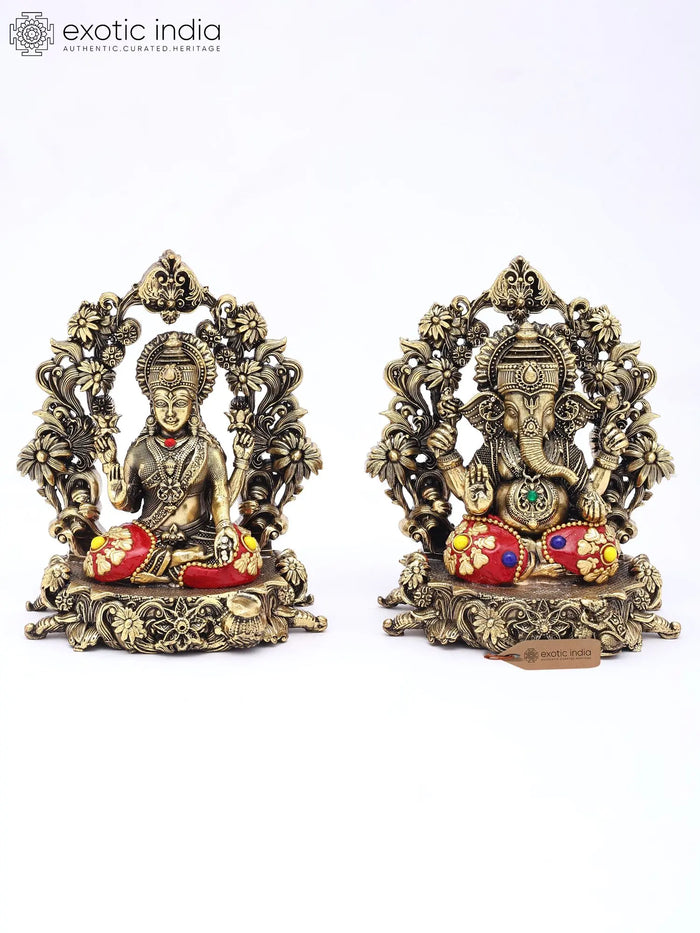 5" Small Superfine Blessing Lakshmi Ganesha Pair | Brass Statues with Inlay Work
