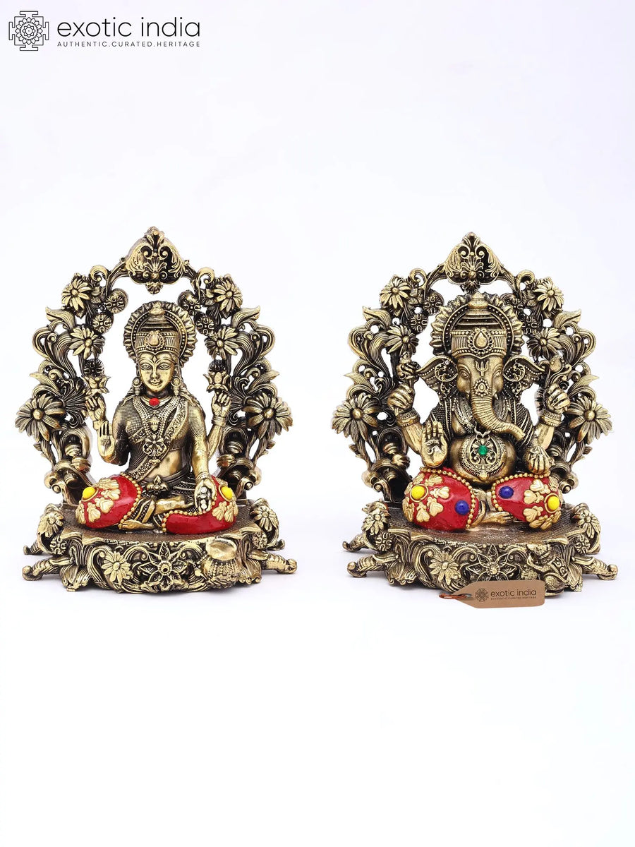 5" Brass Lakshmi Ganesha Pair Statue with Inlay Work for Pooja