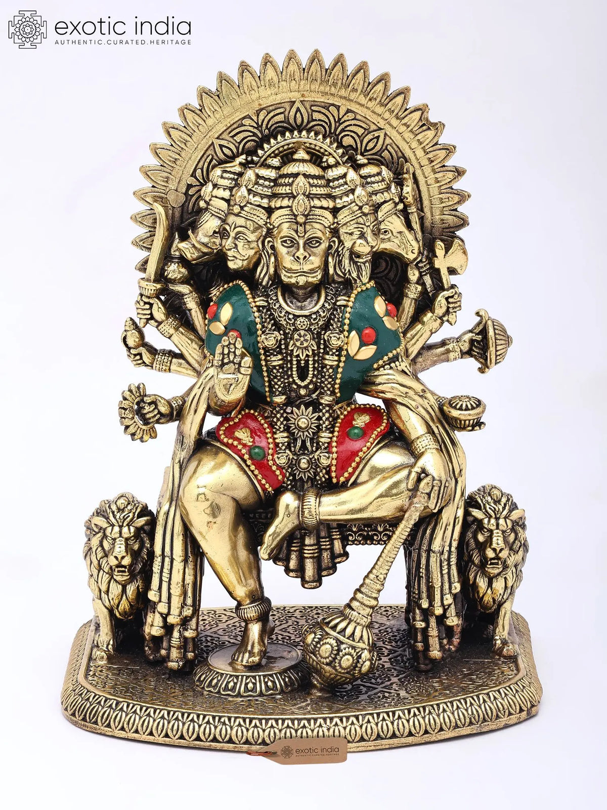 8" Superfine Blessing Panchamukhi Hanuman Seated on Throne | Brass Statue with Inlay Work