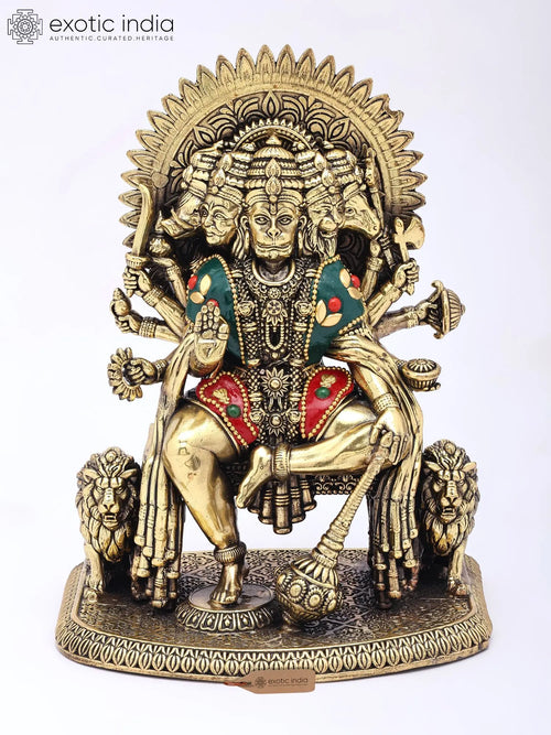 8" Panchamukhi Hanuman Seated Brass Statue with Inlay Work