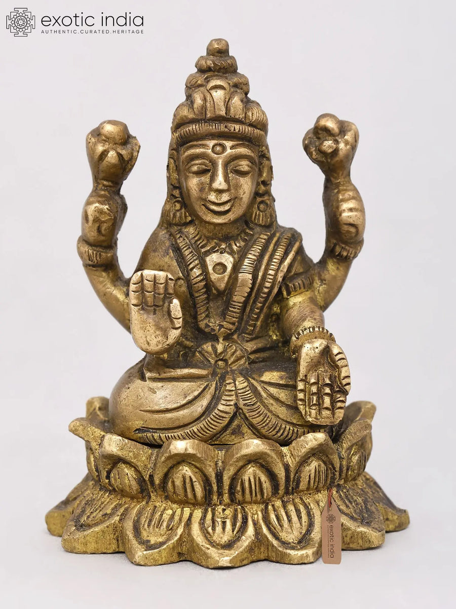 3" Brass Lakshmi Goddess Seated on Lotus Statue for Pooja