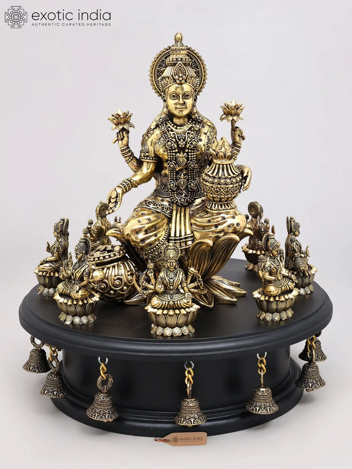 14'' Superfine Goddess Lakshmi with Ashtalakshmi on Round Base | Brass Statues on Wood Base