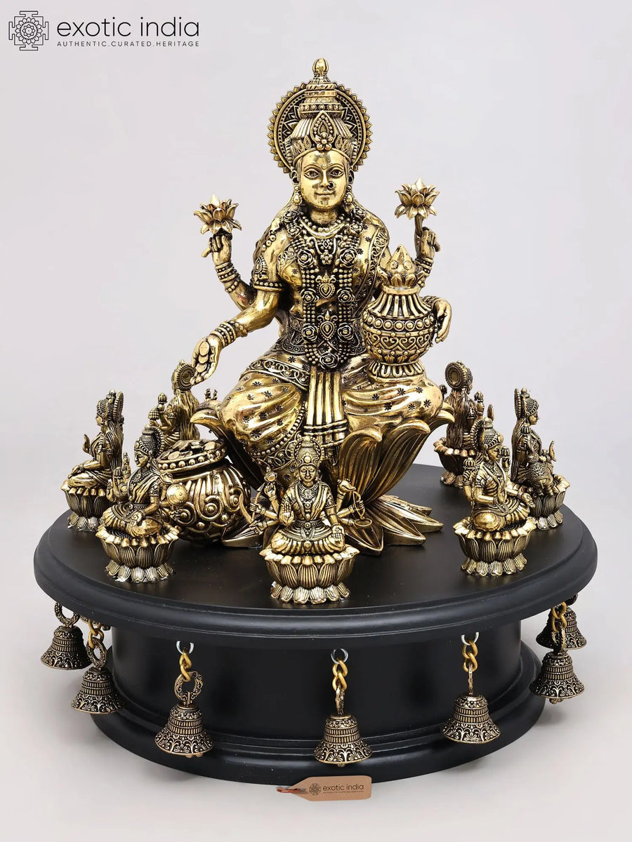 14" Goddess Lakshmi with Ashtalakshmi Brass Statue on Wood Base