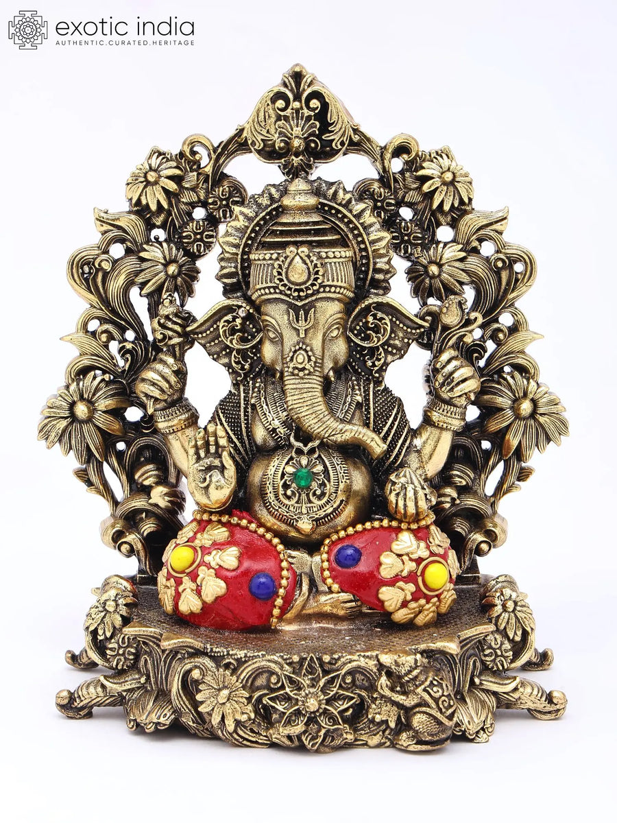 5" Handmade Blessing Lord Ganesha Brass Statue with Inlay Work