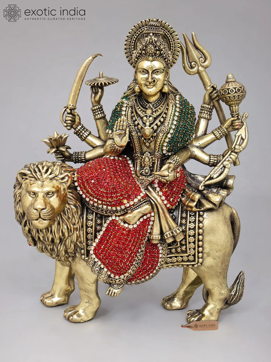 9" Goddess Durga Sherawali Maa Brass Statue with Inlay Work