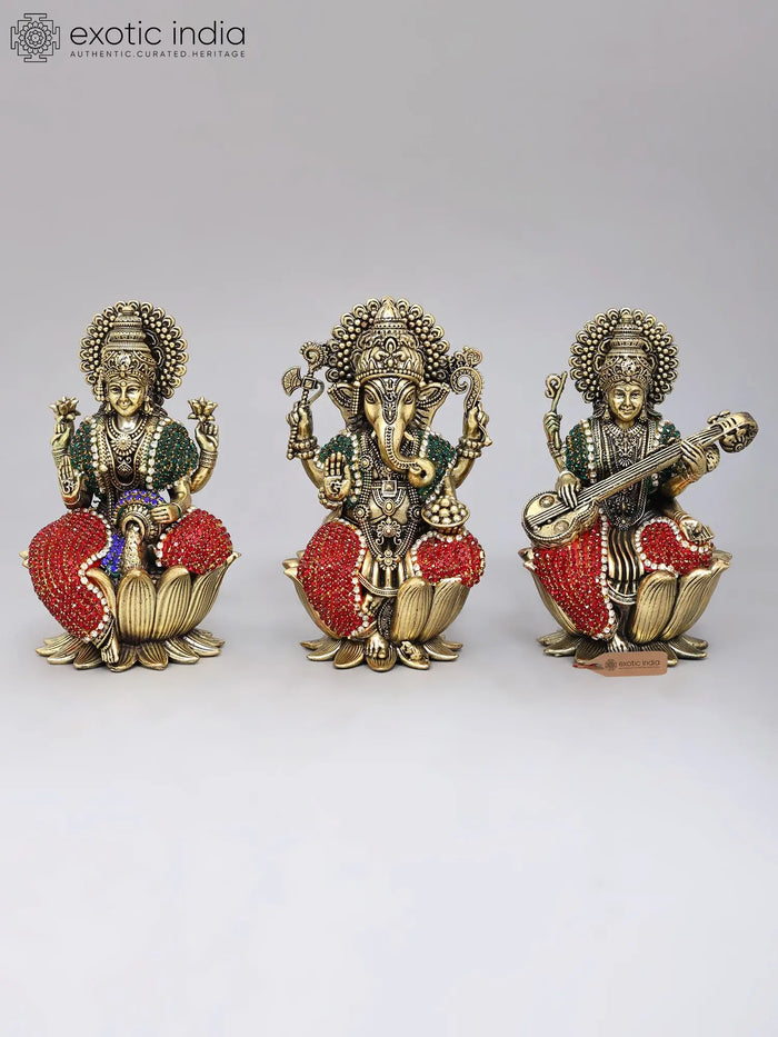 Lakshmi Ganesha Saraswati | Brass Statues with Inlay Work | Set of 3