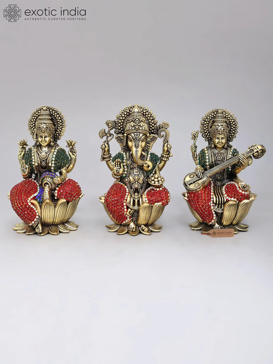 Brass Lakshmi Ganesha Saraswati Statue Set with Inlay Work