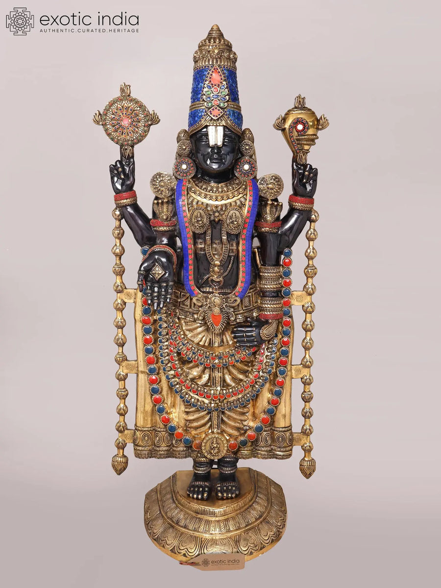 67" Large Black and Gold Tirupati Balaji Brass Statue with Inlay Work