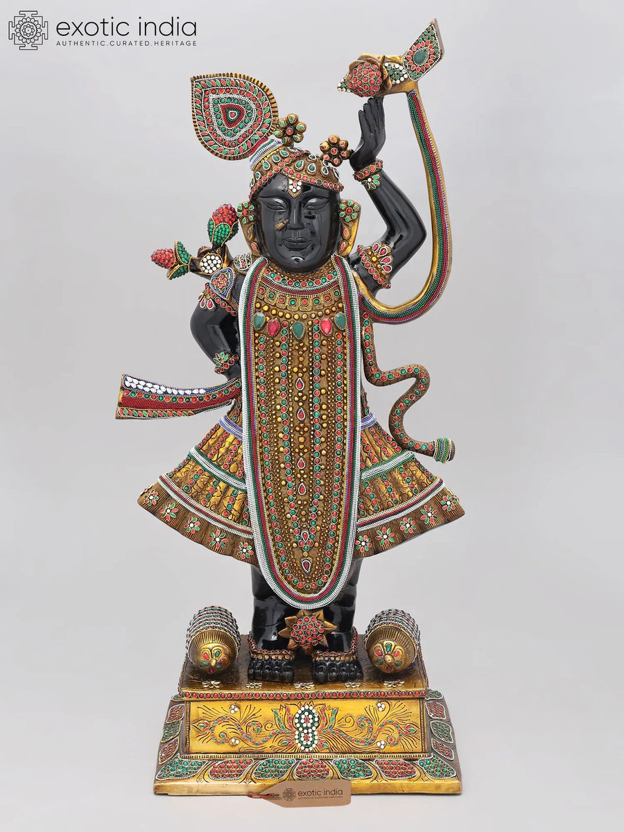 32" Large Shrinath Ji Brass Statue with Inlay Work Handmade