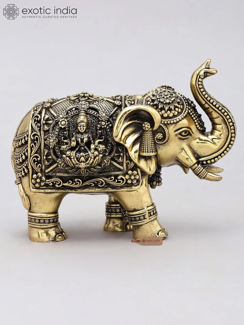 6" Small Brass Elephant Statue with Lakshmi Ganesha Carvings
