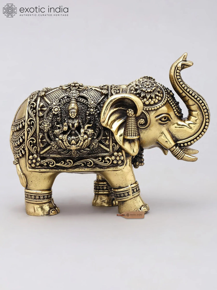 6" Small Brass Elephant Statue with Lakshmi Ganesha Carvings