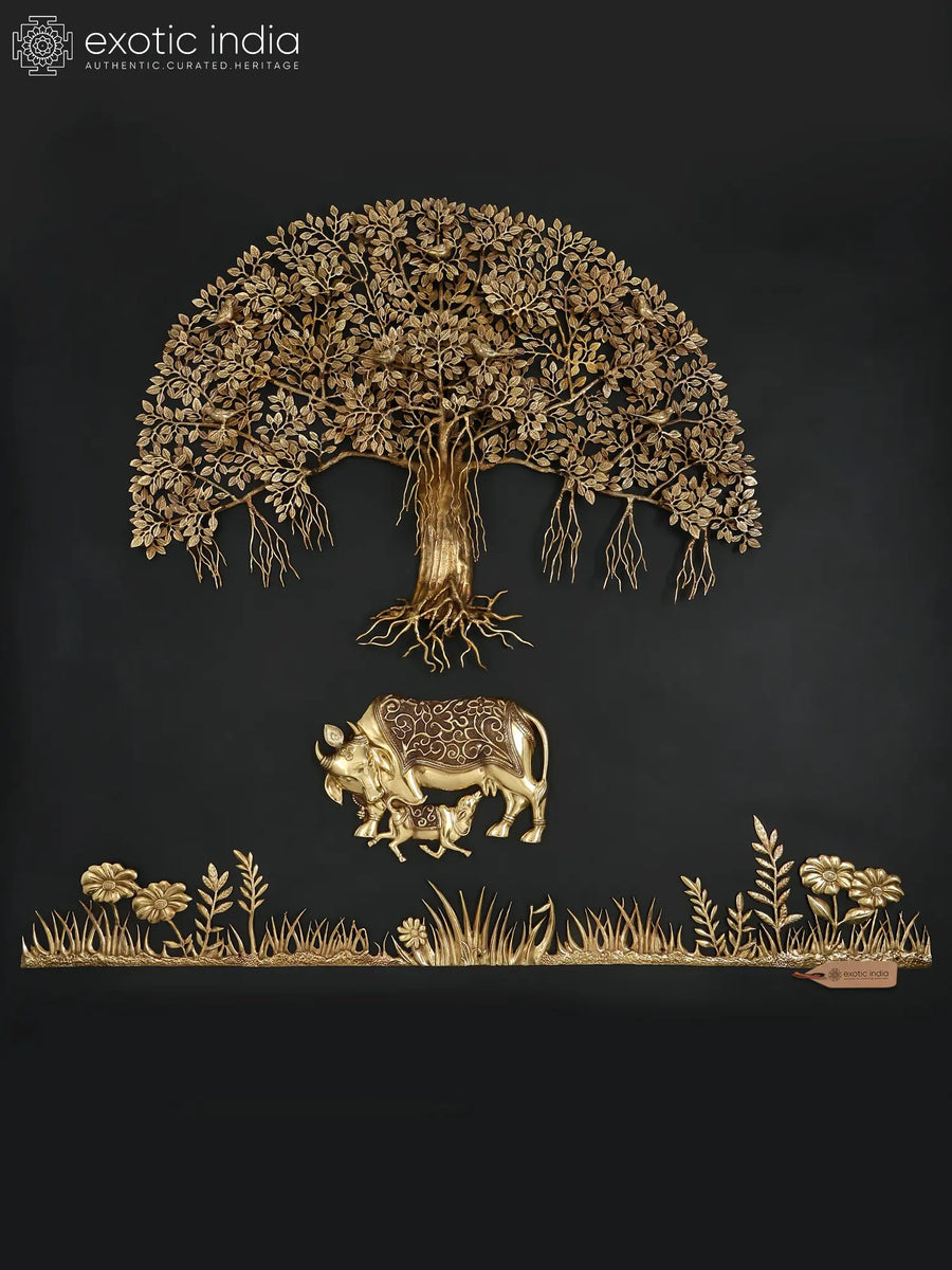 72" Large Brass Cow and Calf Under Kalpavriksha Tree Wall Hanging Set