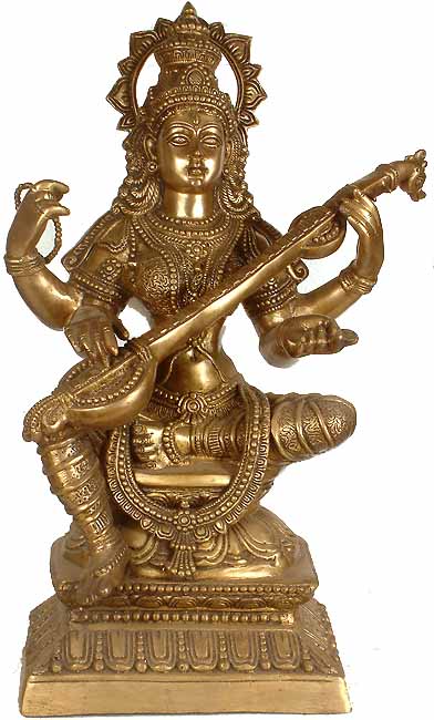 29" Saraswati Brass Statue - Goddess of Knowledge and Art Handmade