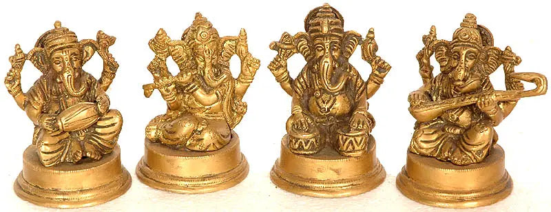3" Set of Four Handmade Musical Ganesha Brass Sculptures