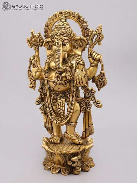 16" Standing Lord Ganesha in Blessing Gesture | Brass Statue