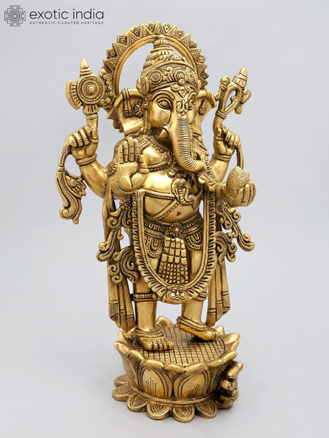 16" Standing Lord Ganesha in Blessing Gesture | Brass Statue