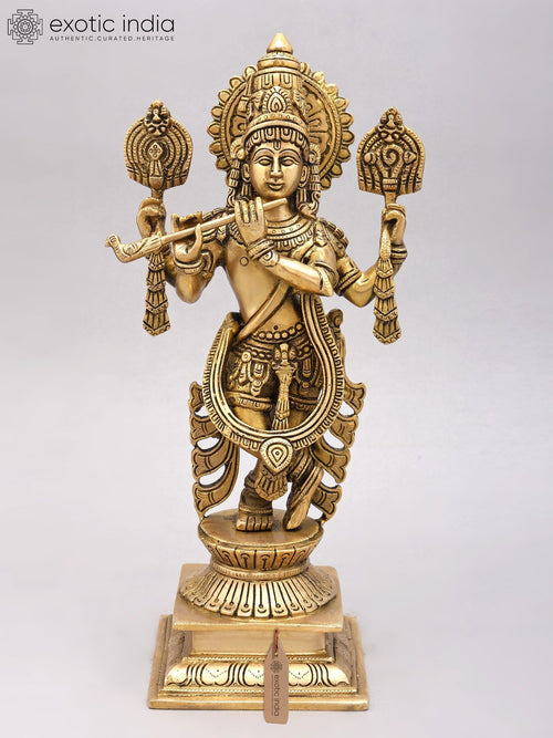 14" Four Armed Venugopal Krishna Brass Idol for Pooja